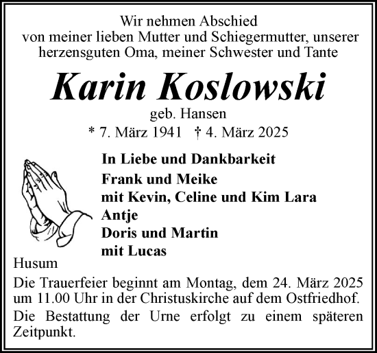 Traueranzeige von Karin Koslowski von Husumer Nachrichten, Nordfriesland Tageblatt