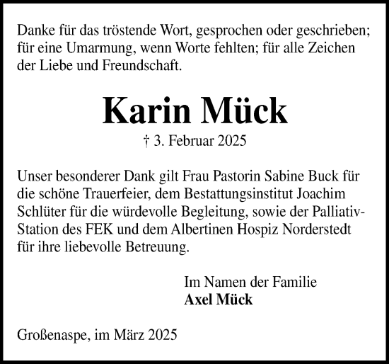 Traueranzeige von Karin Mück von Holsteinischer Courier