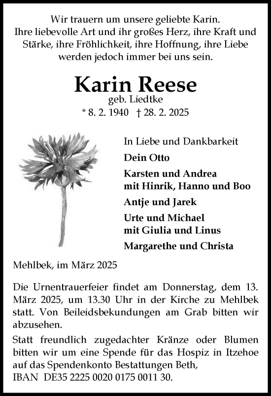 Traueranzeige von Karin Reese von Norddeutsche Rundschau, Wilstersche Zeitung, Glückstädter Fortuna