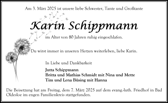 Traueranzeige von Karin Schippmann von MARKT Bad Oldesloe/Reinfeld und Stormarner Tageblatt