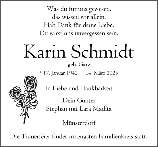 Traueranzeige von Karin Schmidt von Norddeutsche Rundschau, Wilstersche Zeitung, Glückstädter Fortuna