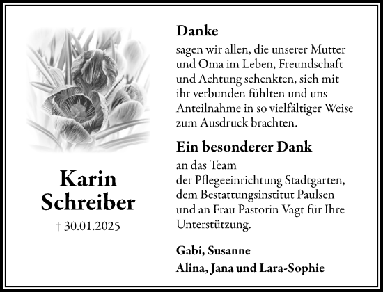 Traueranzeige von Karin Schreiber von MARKT Bad Oldesloe/Reinfeld und Stormarner Tageblatt