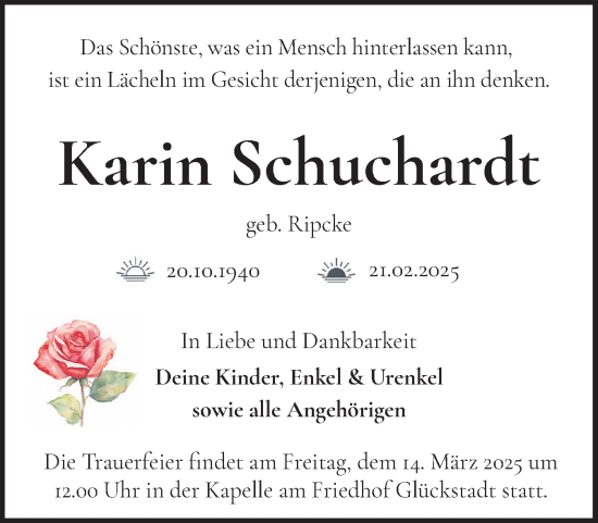 Traueranzeige von Karin Schuchardt von Norddeutsche Rundschau, Wilstersche Zeitung, Glückstädter Fortuna