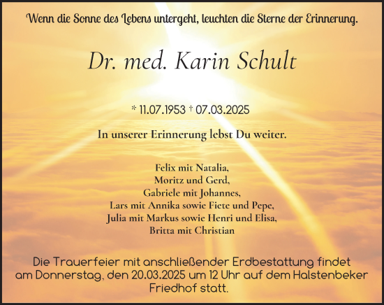 Traueranzeige von Karin Schult von Region Pinneberg und tip Pinneberg