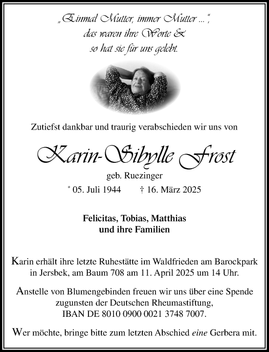 Traueranzeige von Karin-Sibylle Frost von MARKT Ahrensburg/Bargteheide/Trittau und Stormarner Tageblatt