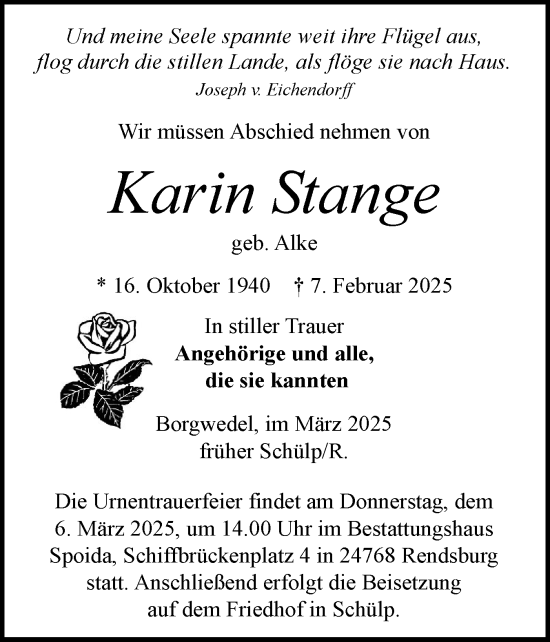 Traueranzeige von Karin Stange von Schleswig-Holsteinische Landeszeitung