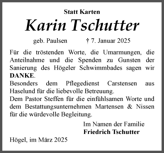 Traueranzeige von Karin Tschutter von Husumer Nachrichten, Nordfriesland Tageblatt