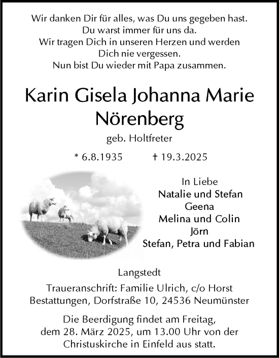 Traueranzeige von Karin Gisela Johanna Marie Nörenberg von Holsteinischer Courier