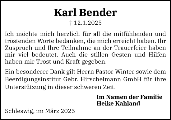 Traueranzeige von Karl Bender von Schleswiger Nachrichten, Schlei-Bote