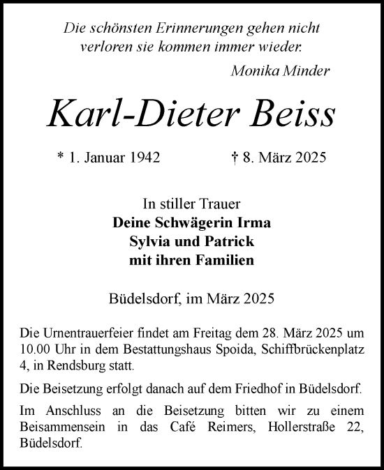 Traueranzeige von Karl-Dieter Beiss von Schleswig-Holsteinische Landeszeitung