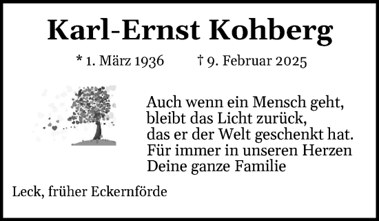 Traueranzeige von Karl-Ernst Kohberg von Eckernförder Zeitung, Hallo Eckernförde