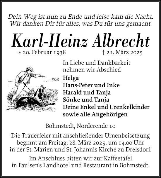 Traueranzeige von Karl-Heinz Albrecht von Husumer Nachrichten, Nordfriesland Tageblatt