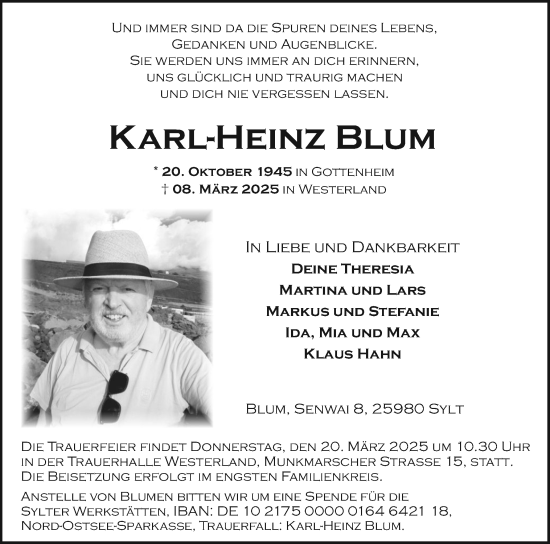 Traueranzeige von Karl-Heinz Blum von Sylter Rundschau