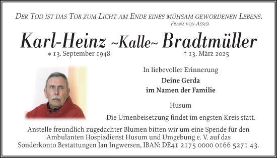 Traueranzeige von Karl-Heinz Bradtmüller von Husumer Nachrichten, Nordfriesland Tageblatt