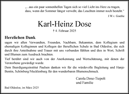 Traueranzeige von Karl-Heinz Dose von MARKT Bad Oldesloe/Reinfeld und Stormarner Tageblatt