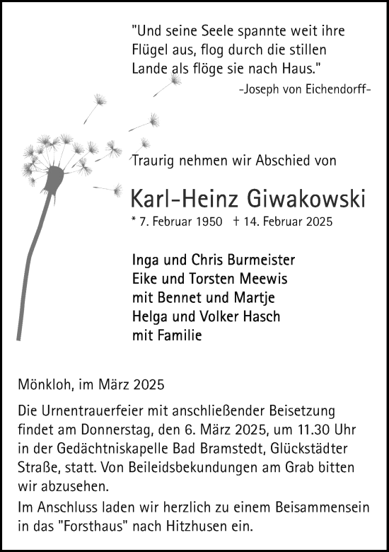 Traueranzeige von Karl-Heinz Giwakowski von Umschau