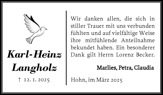 Traueranzeige von Karl-Heinz Langholz von Schleswig-Holsteinische Landeszeitung