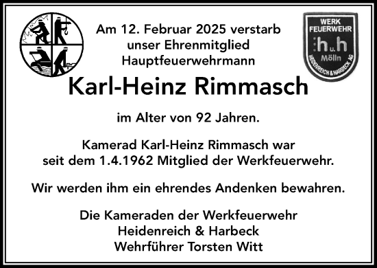 Traueranzeige von Karl-Heinz Rimmasch von MARKT Ratzeburg/Mölln