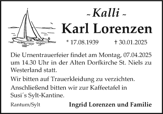 Traueranzeige von Karl Lorenzen von Sylter Rundschau