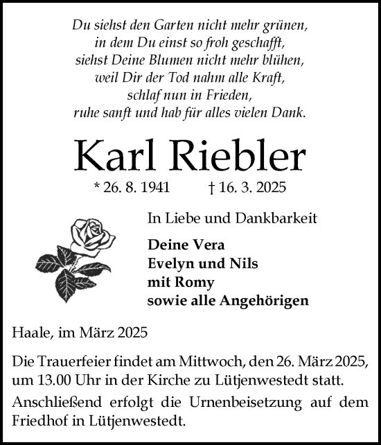 Traueranzeige von Karl Riebler von Schleswig-Holsteinische Landeszeitung