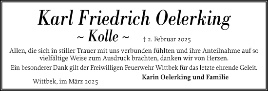 Traueranzeige von Karl Friedrich Oelerking von Husumer Nachrichten, Nordfriesland Tageblatt