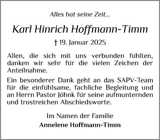 Traueranzeige von Karl Hinrich Hoffmann-Timm von Schleswiger Nachrichten, Schlei-Bote