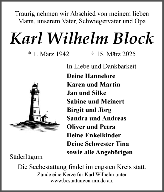 Traueranzeige von Karl Wilhelm Block von Husumer Nachrichten, Nordfriesland Tageblatt