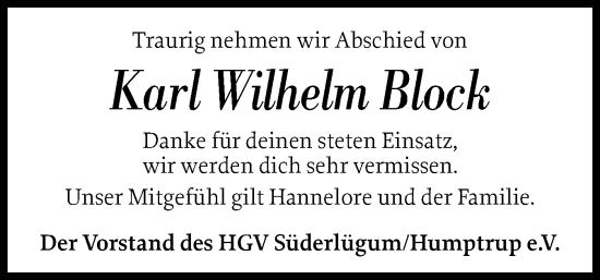 Traueranzeige von Karl Wilhelm Block von Husumer Nachrichten, Nordfriesland Tageblatt