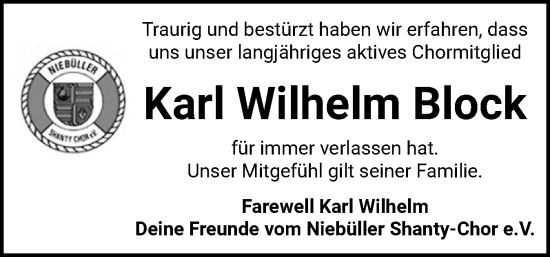 Traueranzeige von Karl Wilhelm Block von Husumer Nachrichten, Nordfriesland Tageblatt