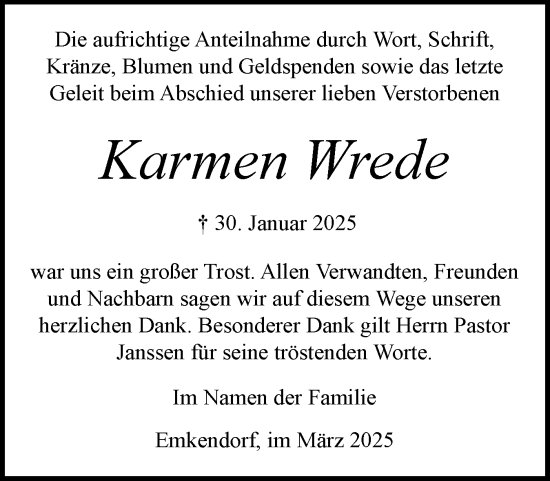 Traueranzeige von Karmen Wrede von Schleswig-Holsteinische Landeszeitung