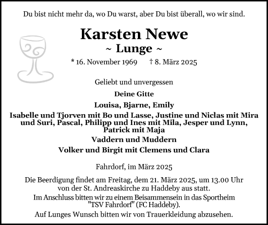Traueranzeige von Karsten Newe von Schleswiger Nachrichten, Schlei-Bote