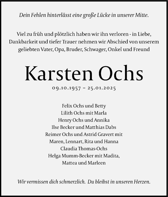 Traueranzeige von Karsten Ochs von Holsteinischer Courier