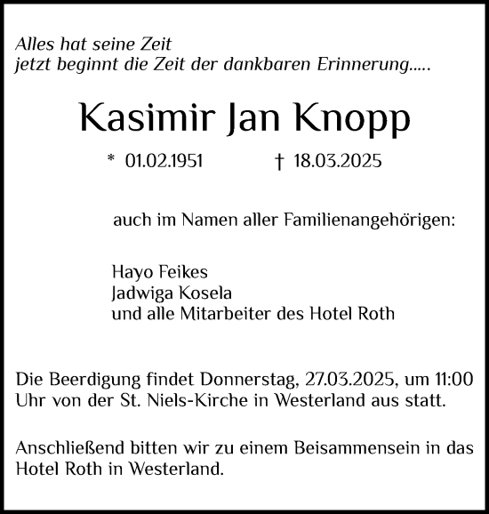 Traueranzeige von Kasimir Jan Knopp von Sylter Rundschau