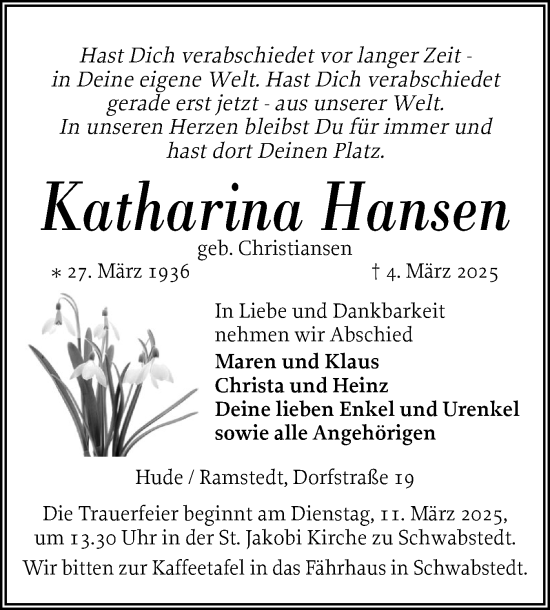 Traueranzeige von Katharina Hansen von Husumer Nachrichten, Nordfriesland Tageblatt