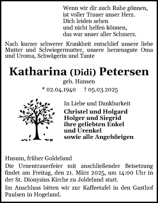 Traueranzeige von Katharina Petersen von Husumer Nachrichten, Nordfriesland Tageblatt