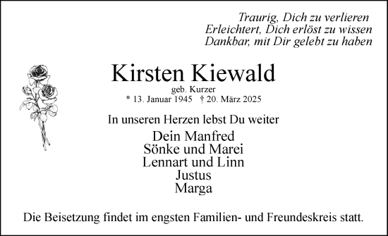 Traueranzeige von Kirsten Kiewald von Uetersener Nachrichten, Der tip am Wochenende