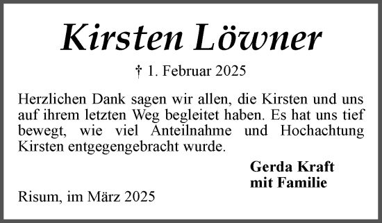 Traueranzeige von Kirsten Löwner von Husumer Nachrichten, Nordfriesland Tageblatt