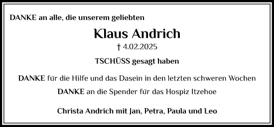 Traueranzeige von Klaus Andrich von Norddeutsche Rundschau, Wilstersche Zeitung, Glückstädter Fortuna