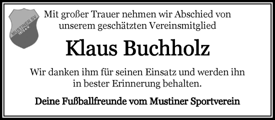Traueranzeige von Klaus Buchholz von MARKT Ratzeburg/Mölln