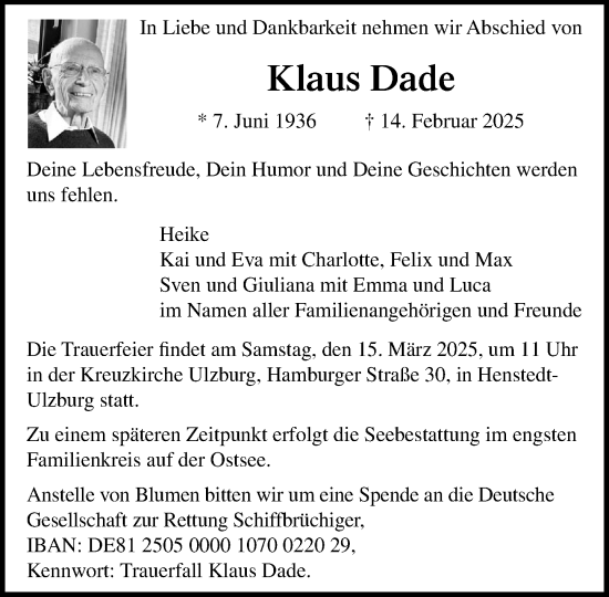 Traueranzeige von Klaus Dade von Umschau