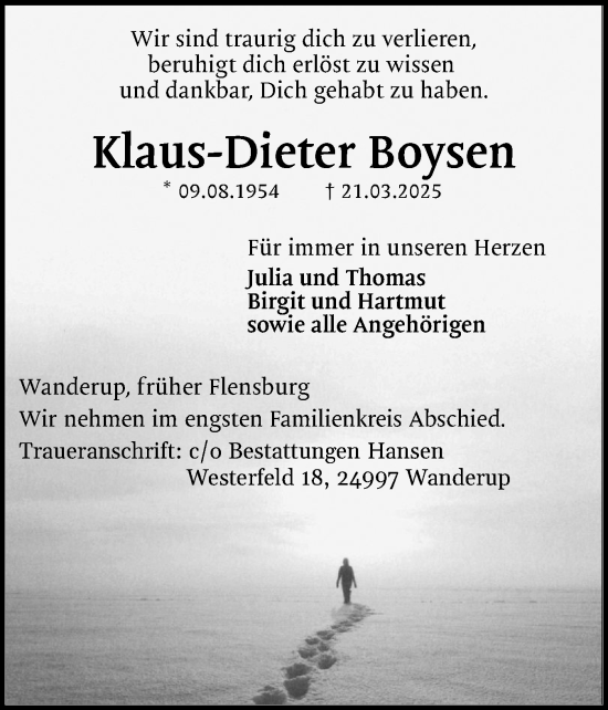 Traueranzeige von Klaus-Dieter Boysen von Flensburger Tageblatt