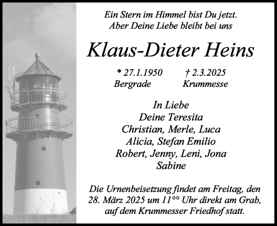 Traueranzeige von Klaus-Dieter Heins von MARKT Ratzeburg/Mölln