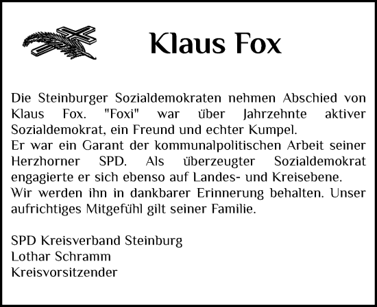 Traueranzeige von Klaus Fox von Norddeutsche Rundschau, Wilstersche Zeitung, Glückstädter Fortuna