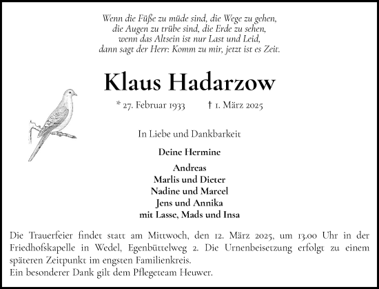 Traueranzeige von Klaus Hadarzow von Wedel-Schulauer Tageblatt, tip Wedel-Schulauer Tageblatt, tip Rissener Rundschau
