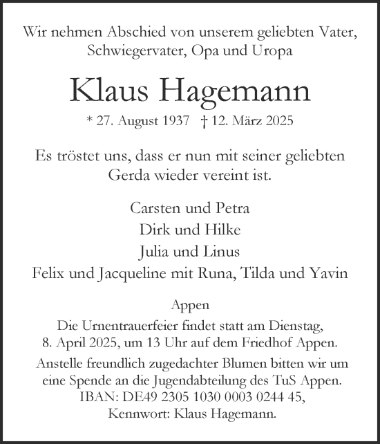 Traueranzeige von Klaus Hagemann von Region Pinneberg und tip Pinneberg