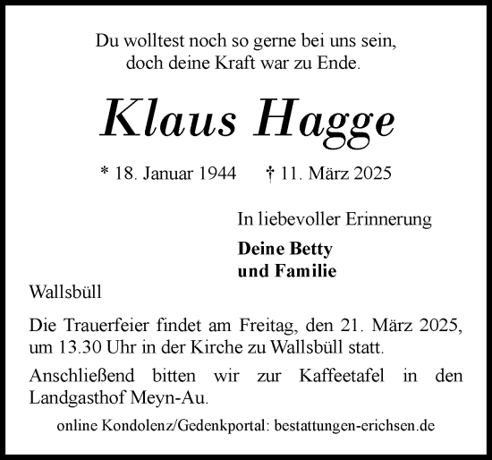 Traueranzeige von Klaus Hagge von Flensburger Tageblatt