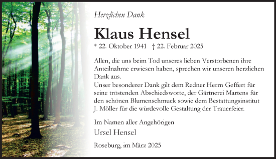 Traueranzeige von Klaus Hensel von Wochenend Anzeiger