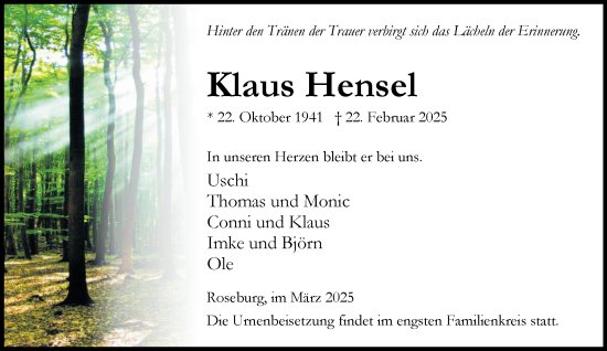 Traueranzeige von Klaus Hensel von Wochenend Anzeiger