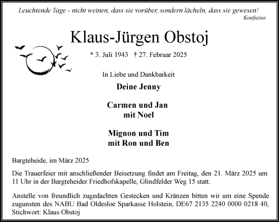 Traueranzeige von Klaus-Jürgen Obstoj von MARKT Ahrensburg/Bargteheide/Trittau und Stormarner Tageblatt