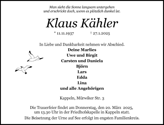 Traueranzeige von Klaus Kähler von Schleswiger Nachrichten, Schlei-Bote